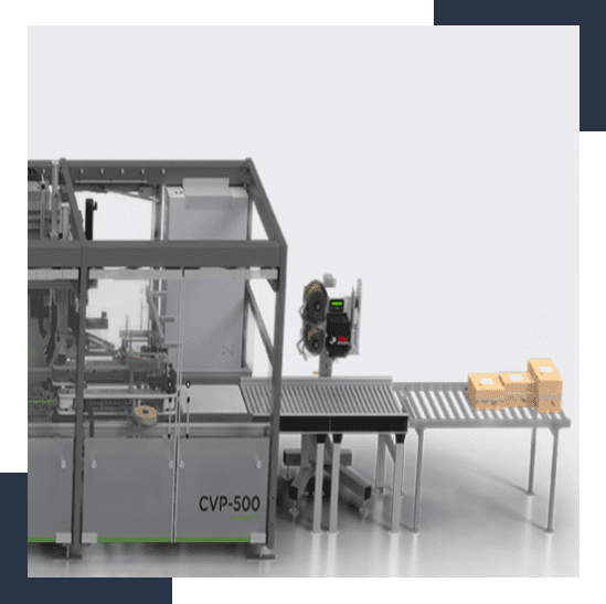 Automated packaging machine labeled 'CVP-500' with a conveyor belt transporting small cardboard boxes. A labeling system is positioned beside the belt, applying labels to packages.