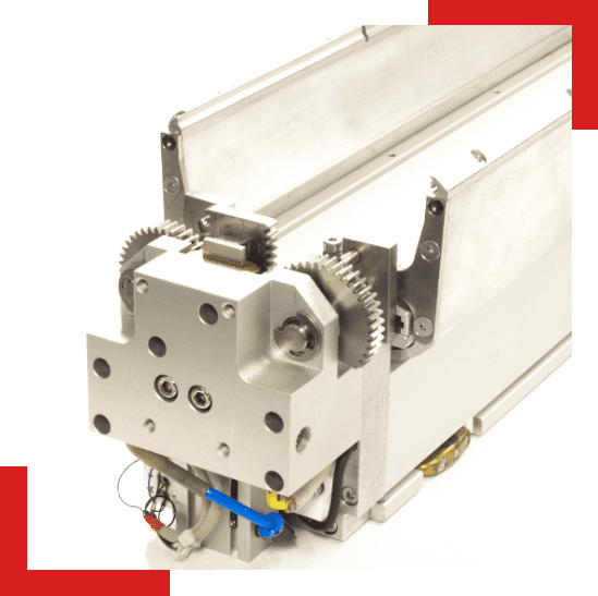 Close-up of a complex industrial mechanical component with metal gears, bolts, and wiring, designed for high-precision engineering applications.