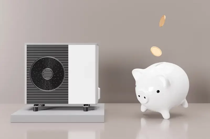 Heat pump and piggy bank demonstrating money savings.