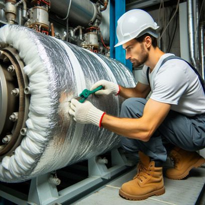 Technician installing a thermal insulation jacket on a large industrial compressor, wearing protective gloves and a hard hat in a mechanical room.