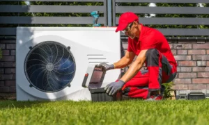 Eine Wärmepumpe in einem Garten wird von einem Techniker in roter Uniform mit Mütze gewartet.