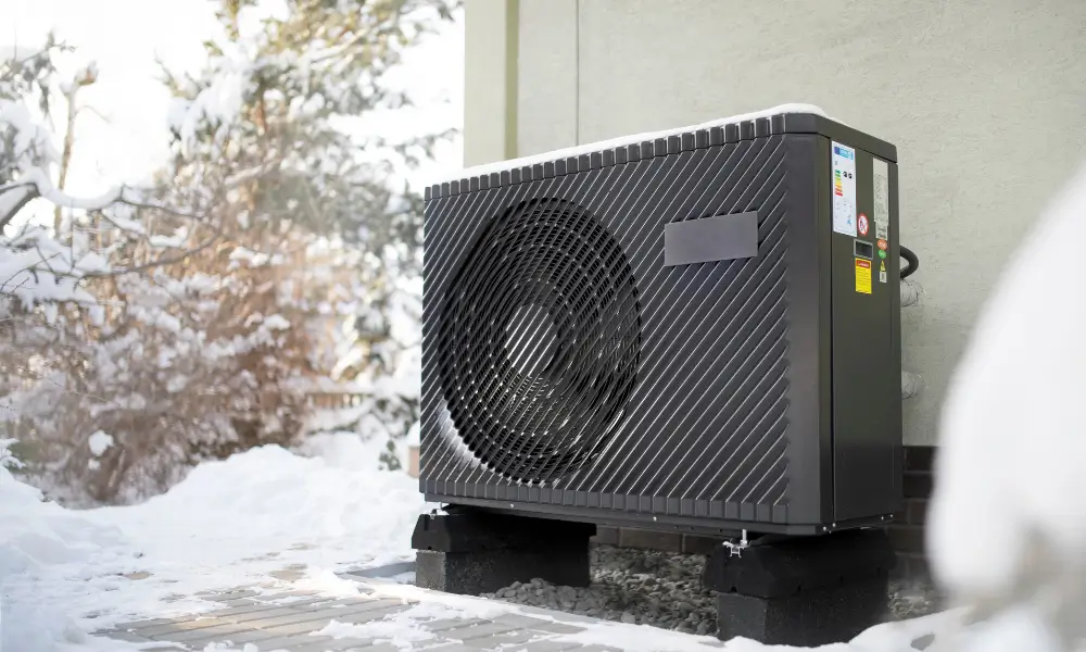 Black heat pump unit outside of a home with snow all around.