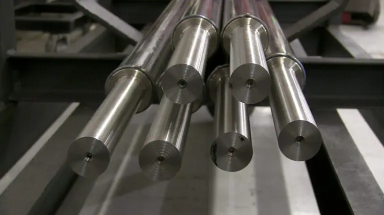 Close-up view of multiple polished metal rollers with precision ends.